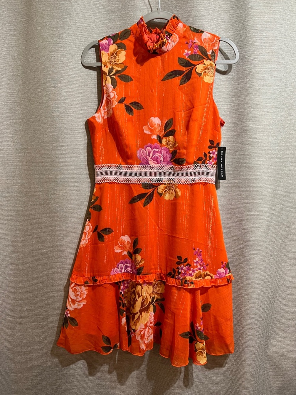 Donna Morgan Floral High-Neck Sleeveless Tiered Mini Dress Wedding Guest Party